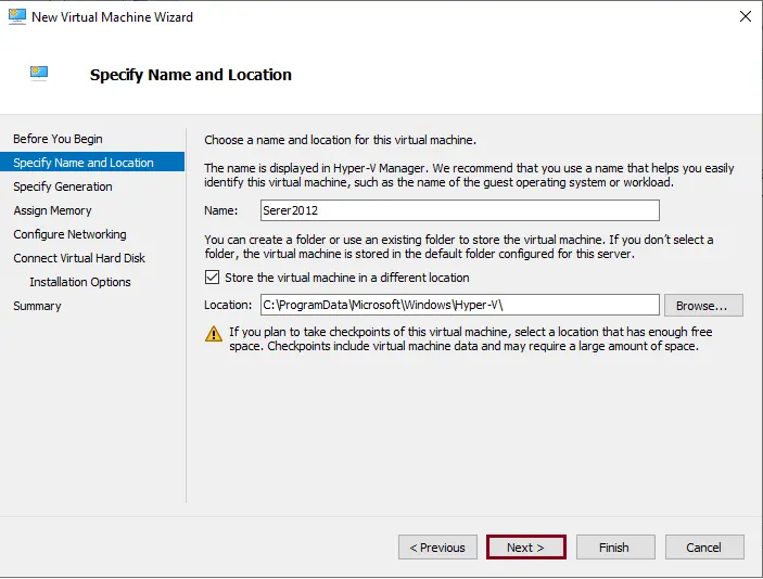 Create VM specify name and location