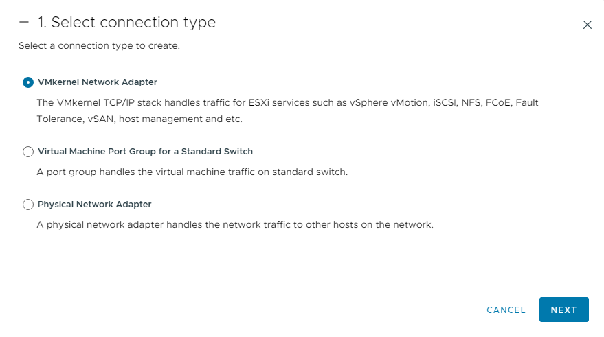 Create VMkernel network adapter