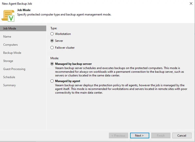 Create Veeam agent backup job mode