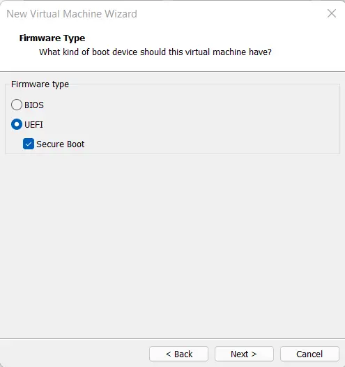 Create Virtual Machine in VMware firmware type