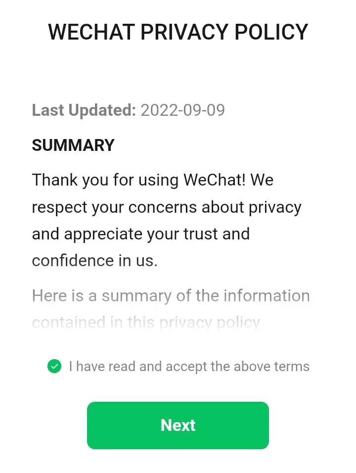 Create Wechat account privacy policy