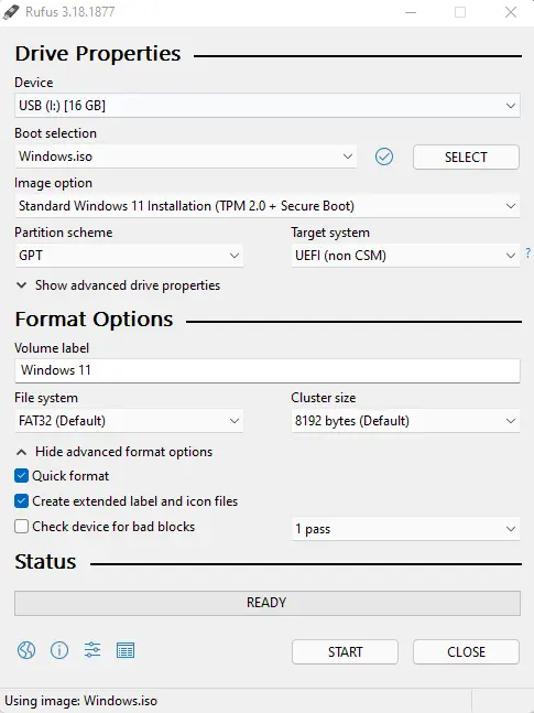 Create Windows 11 usb bootable rufus