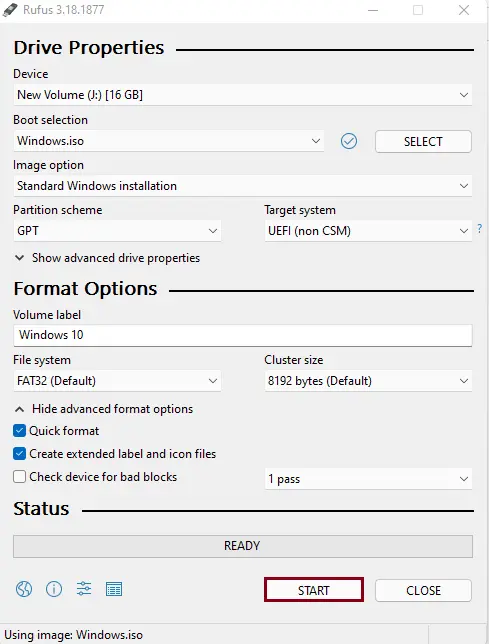 Create Windows USB media Rufus