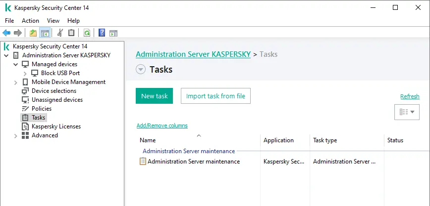 Create a new task in Kaspersky