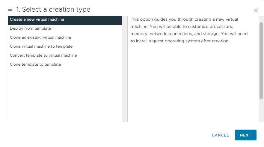 new virtual machine in VMware