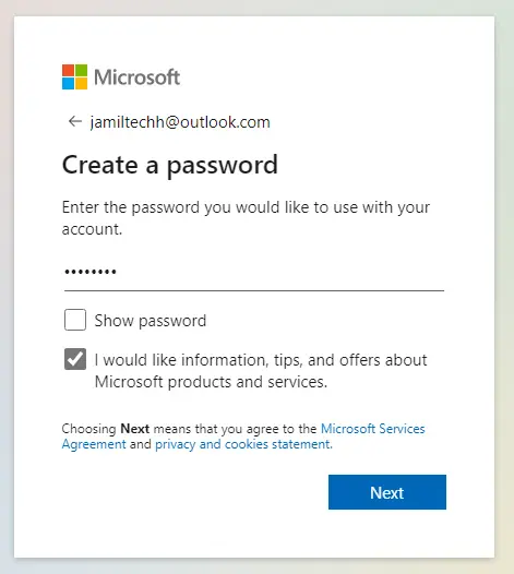 Create a password Microsoft account