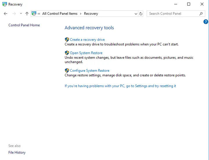 Create a recovery drive Windows 10