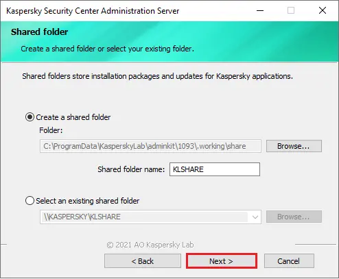 Create a share folder install Kaspersky