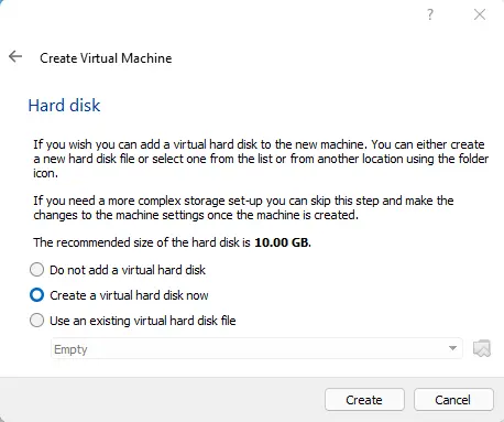 Create a virtual hard disk now