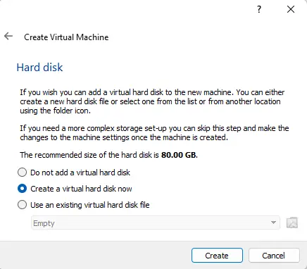 Create a virtual machine disk now