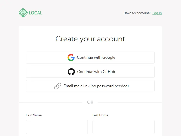 Create account Local by Flywheel