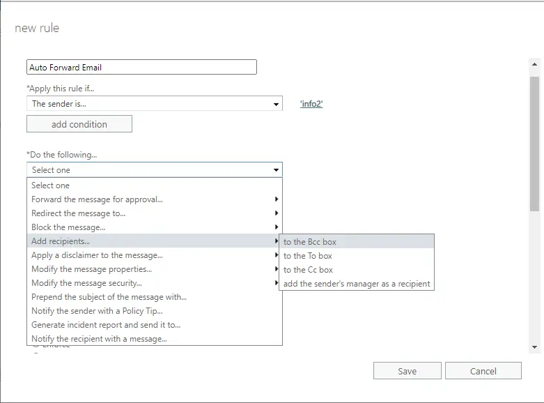 Create automatic forwarding rule exchange