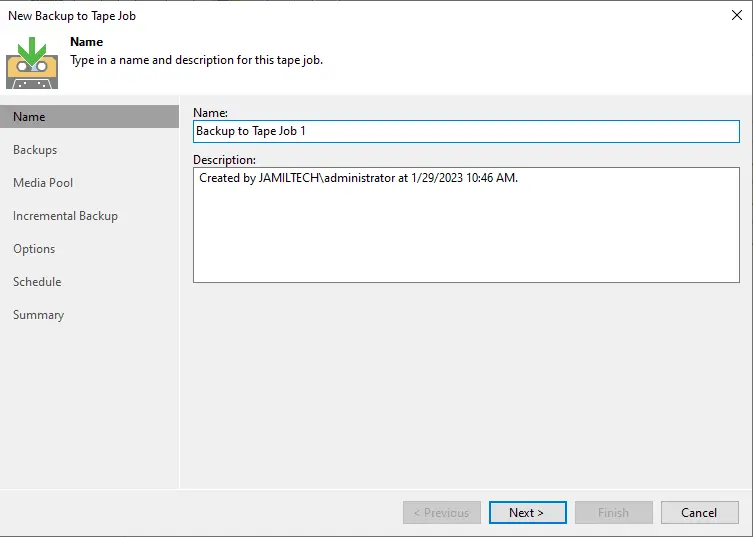 Create backup to tape job Veeam