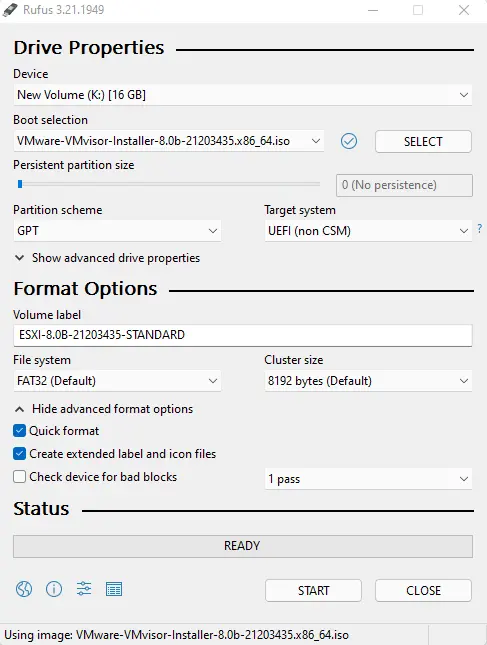 Create bootable USB media ESXi