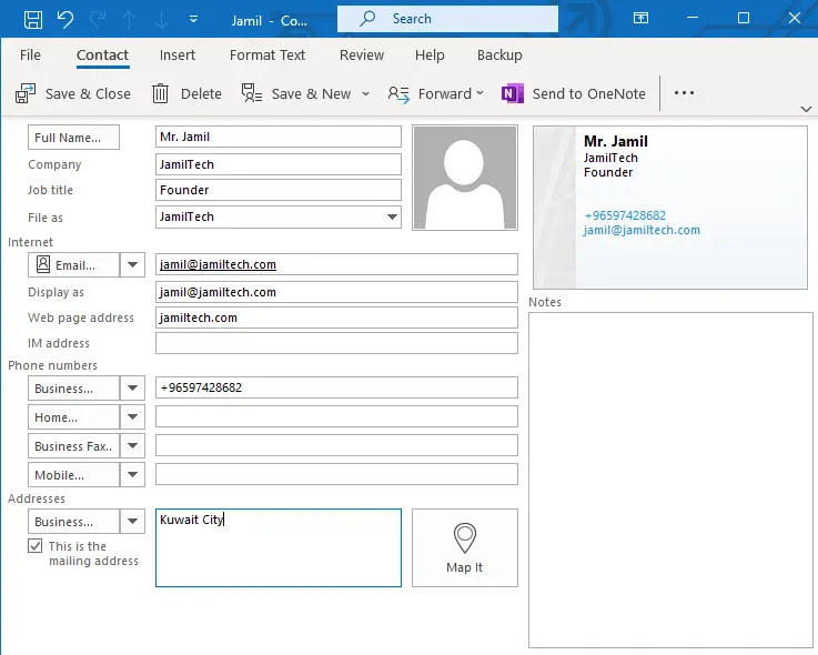 Create business card in MS Outlook