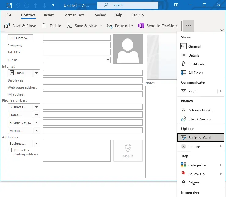 Create business card in Outlook 365