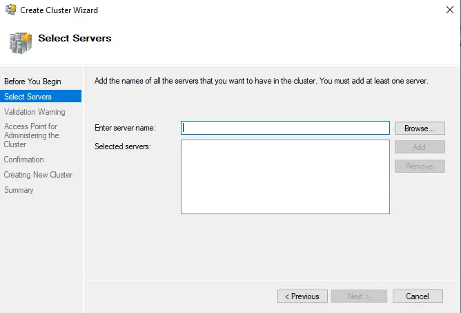 Create cluster wizard select servers