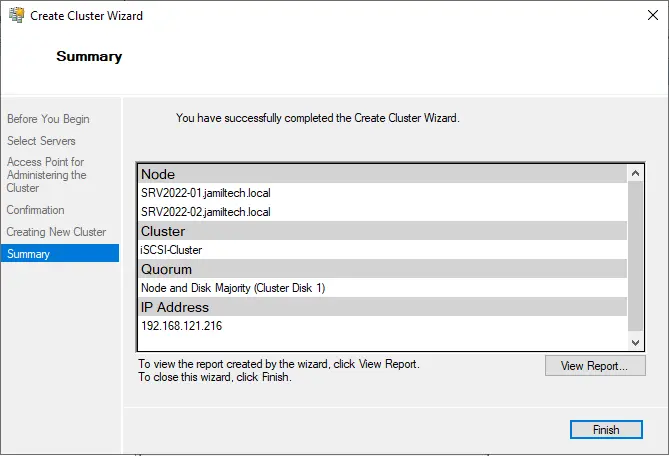 Create cluster wizard summary