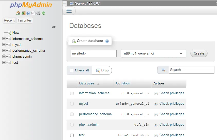 Create database XAMPP server