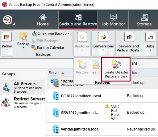 Create disaster recovery disk Backup Exec