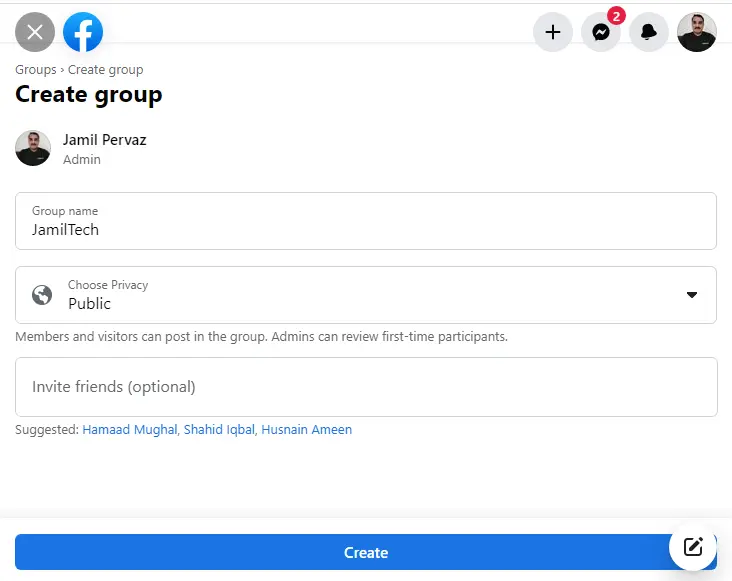 Create group in Facebook