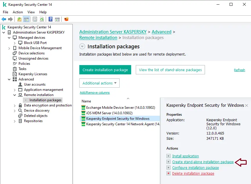 Create installation package Kaspersky