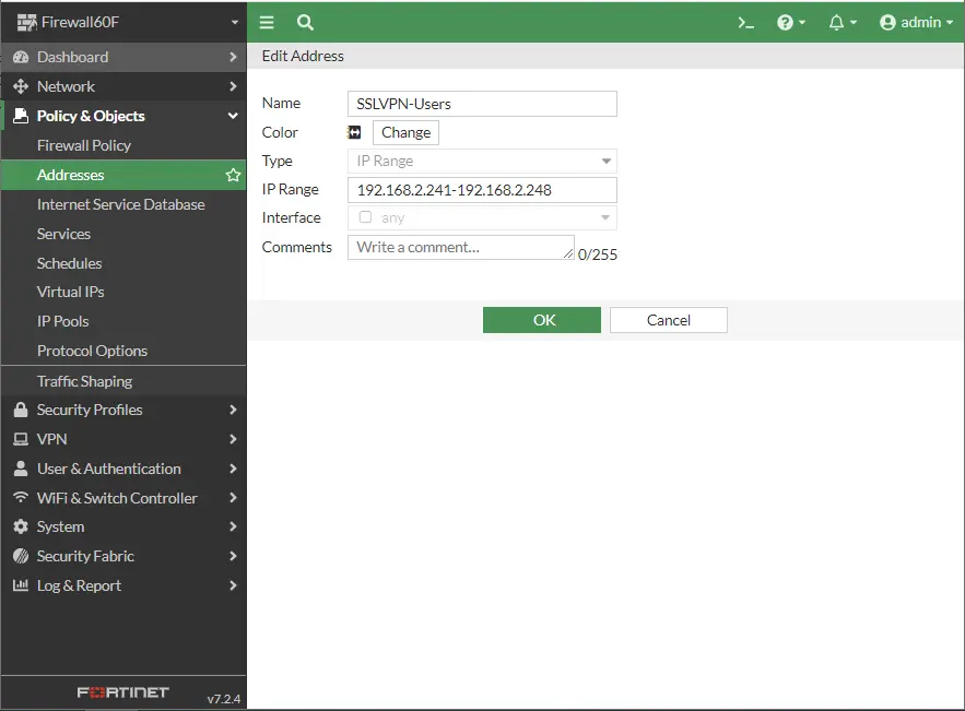 Create new address in Fortigate firewall