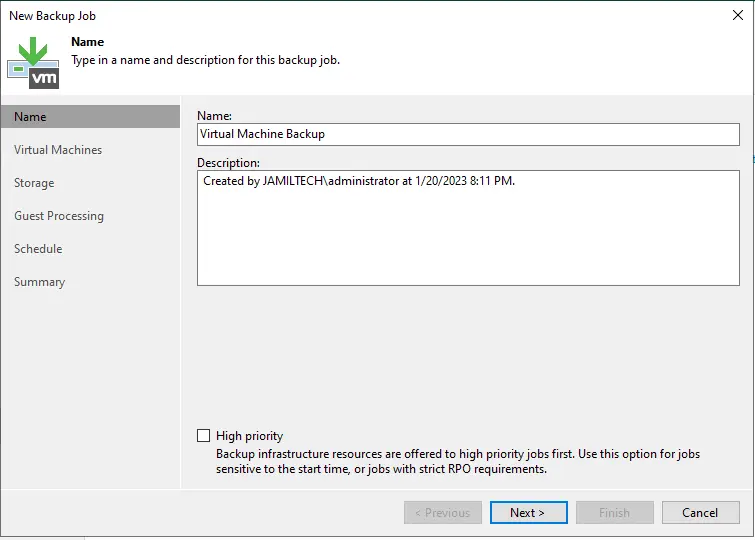 Create new backup job in Veeam