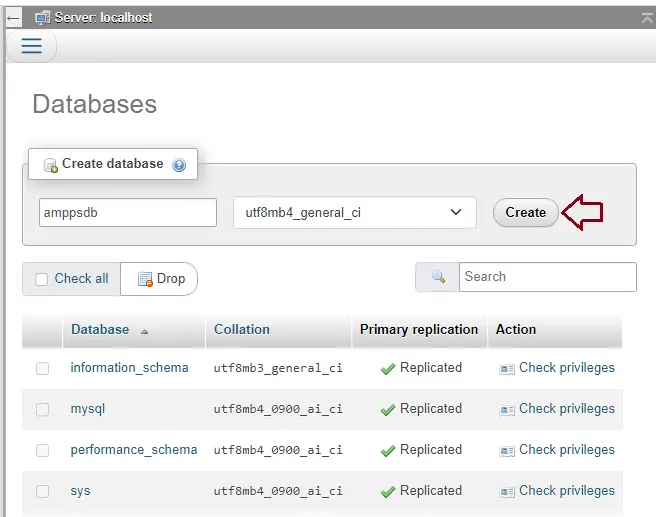 Create new database Ampps