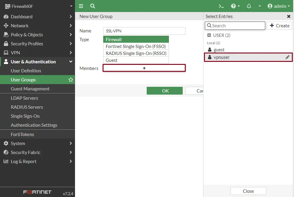 Create new group firewall 60F