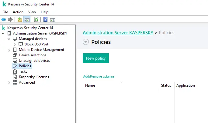 Create new policy Kaspersky