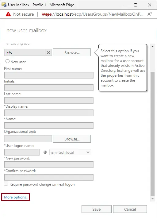 Create new user mailbox in exchange