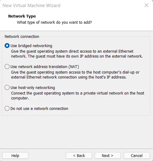 Create new virtual machine network type