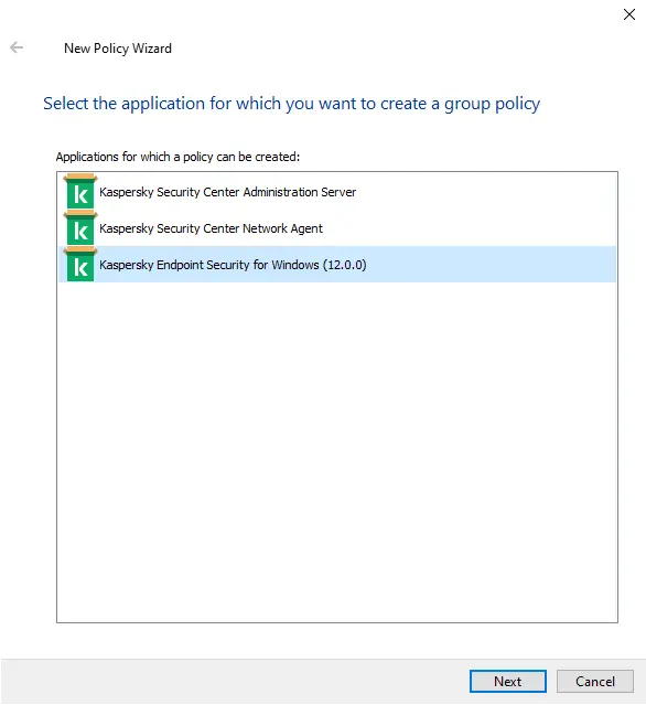 Create policy in Kaspersky application