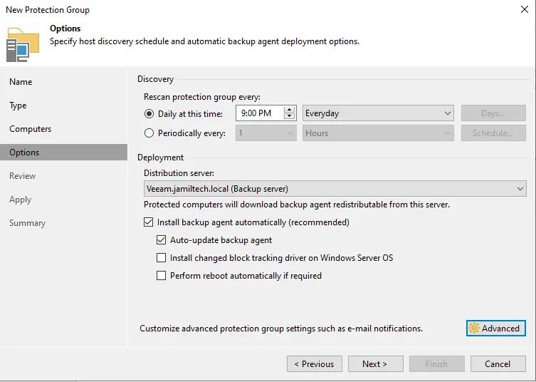 Create protection group options Veeam