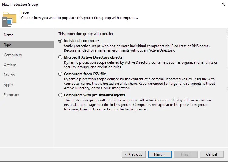 Create protection groups in Veeam type