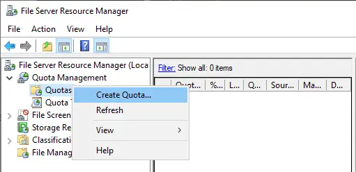 Create quota file server resource manager