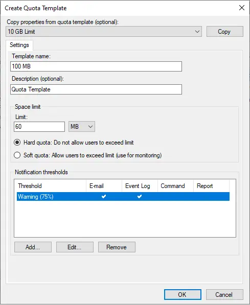 Configure Disk Quota file server