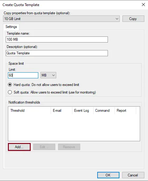 Create quotas template in file server