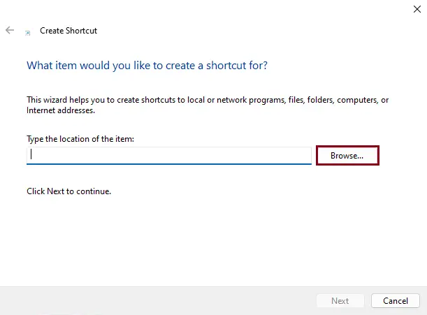 Create shortcut wizard