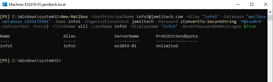 Create user mailbox PowerShell