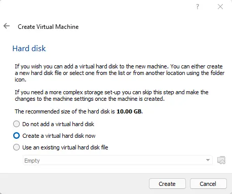 Create virtual hard disk now