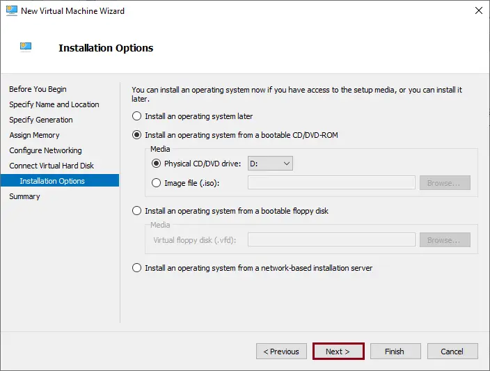 Create virtual machine Hyper-V installation options