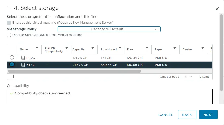 Create virtual machine select storage