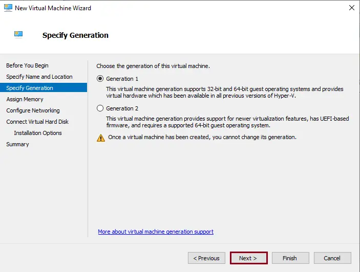 Create virtual machine specify generation