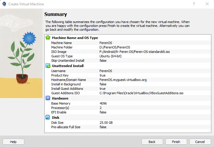 Create virtual machine summary virtulbox