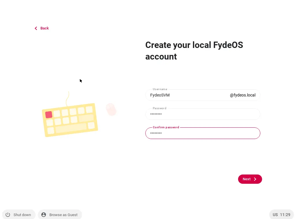 Create your local FydeOS account