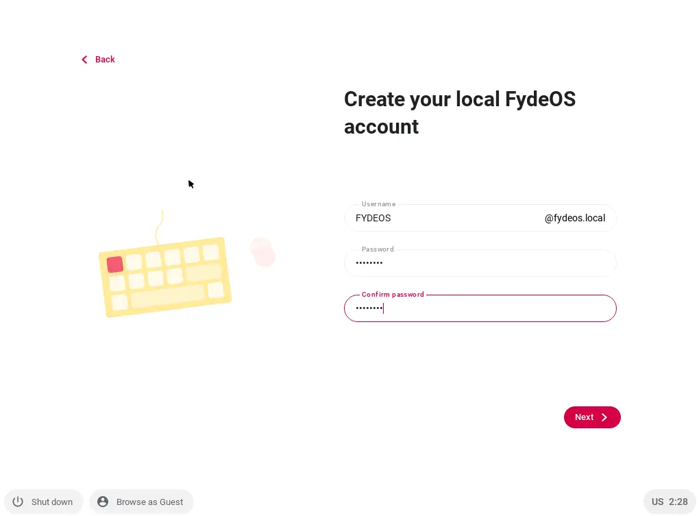 Create your local FydeOS account