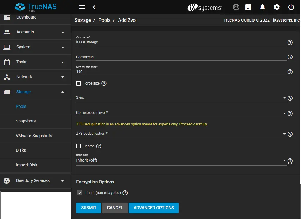 Create zvol in truenas