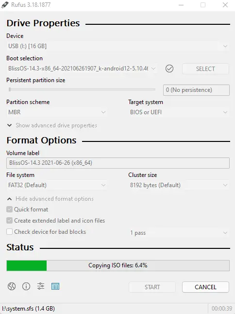 Creating bliss bootable USB rufus